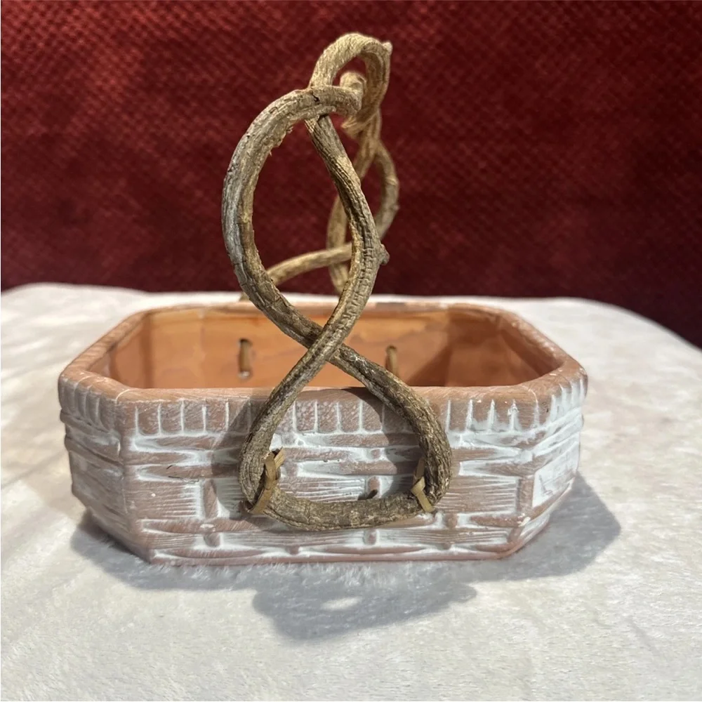 White Wash Basket Ceramic Rustic Terracotta With Real Vine Handles. 8x7x6